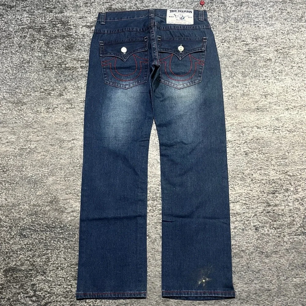 True Religion Straight Jeans Mens 38x34 Blue Red Stitched Logo‎ Flap Pockets Y2K